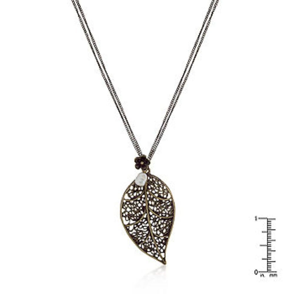 33" Fresh Water Pearl Antique Gold Filigree Leaf Charm Tiny Flower Long Necklace